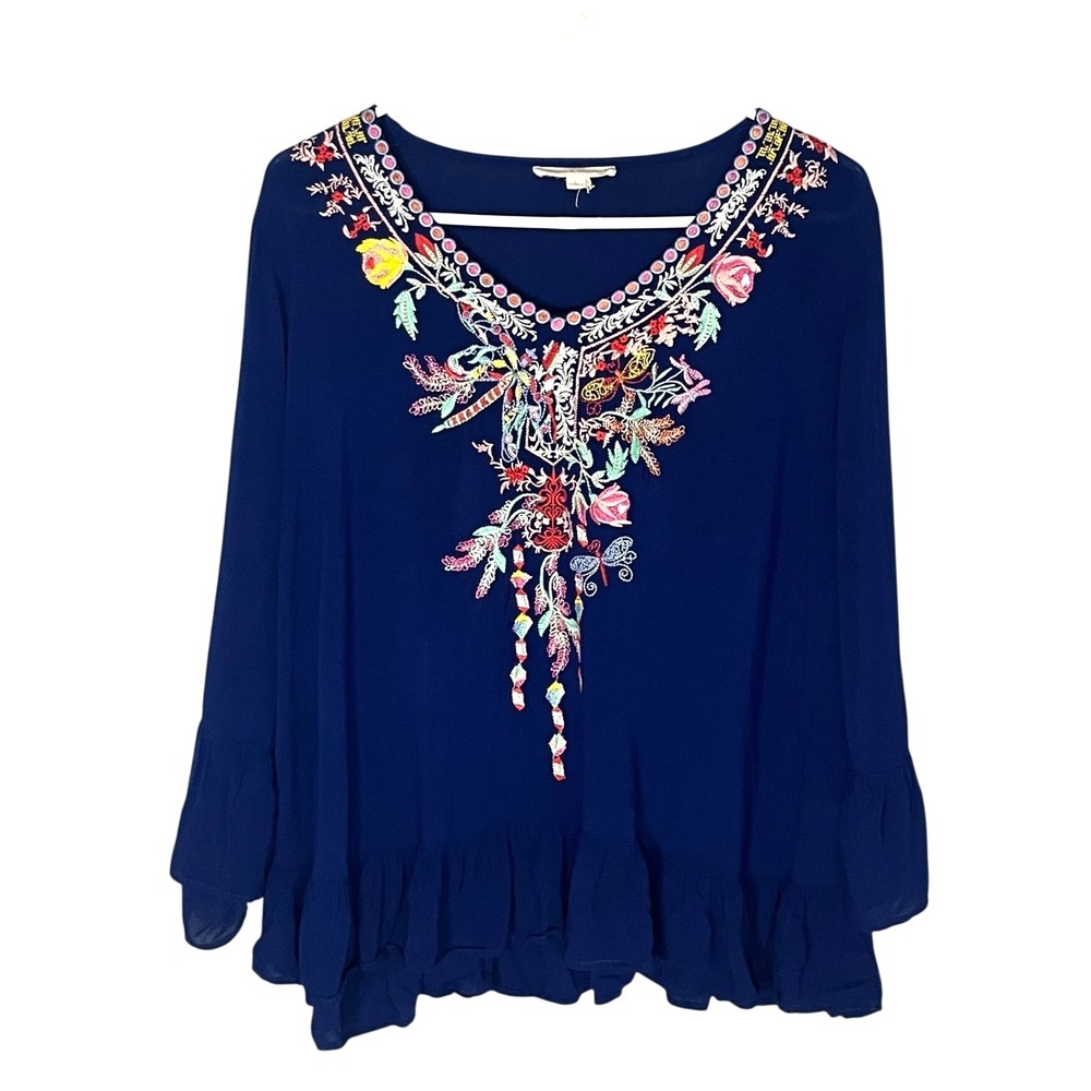 grand & greene Navy Blue Embroidered Boho Blouse